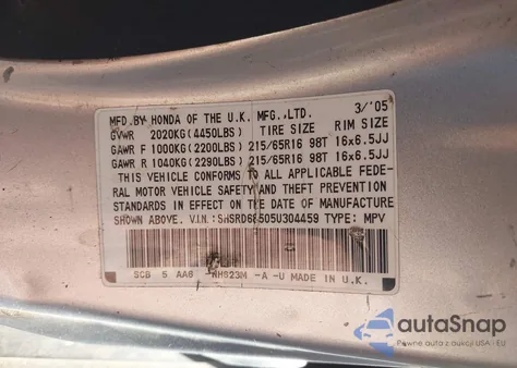 2005 Honda Cr-V Lx из США, поврежденный, VIN SHSRD68505U304459